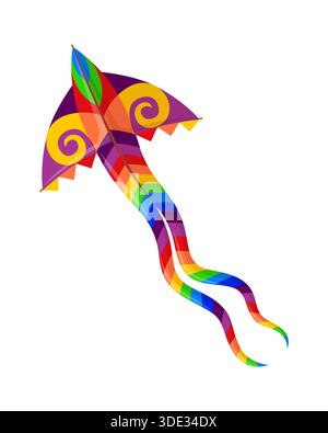 Festliches fliegendes Drachenspielzeug aus Papier mit auffälligen Regenbogenstreifen, Spiralflügelverzierung und langen Bändern. Kinder Sport Vektor Papier Flügel, indisches Festival fliegendes Spielzeug. Makar Sankranti Weihnachtsdrachen Stock Vektor