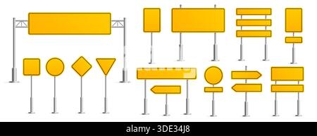 Gelbe Straßenschilder, Verkehrsschilder mit Rechteck, Kreis, Quadrat und Diamant, Dreieck und Pfeile auf Metallpfählen. 3D-Vektorsatz für Transport, Navigationsschnittstellen oder Straßensicherheit Stock Vektor