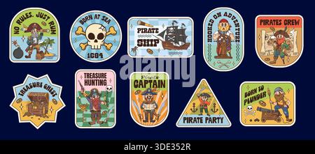 Groovige Etikettenaufkleber mit Vintage-Cartoon-Piratenkapitänen und Schatzkisten. Korsairs Retro Patches mit Schädel, Schiff und Kanone. Flippige Vektor-Piraten-Aufkleber mit Karten und Goldmünzen Stock Vektor