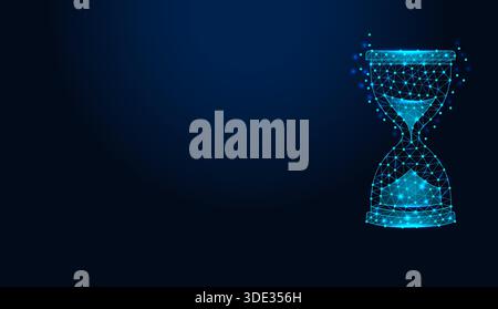 Sanduhr mit niedrigem Poly-Drahtmodell auf dunkelblauem Hintergrund. Stock Vektor