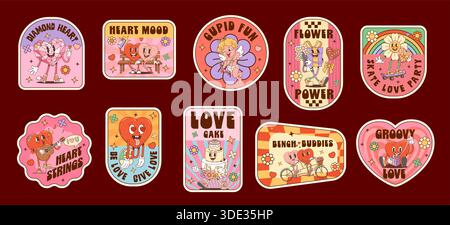 Valentine groovige Label Aufkleber und liebe Retro Patches mit lustigen Charakteren, Comic Vektor. Valentinstag Love Aufkleber mit funky Heart mit psychedelischen Lächeln auf dem Gesicht und Gänseblümchen mit Regenbogen Stock Vektor