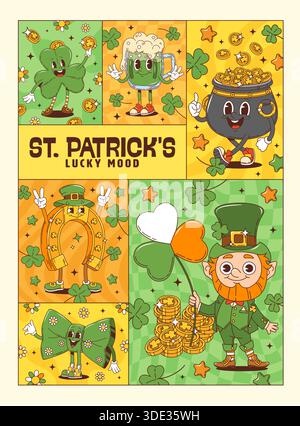 Lustiges Poster mit den groovigen Charakteren am St. Patrick Day mit niedlichem Kobold, Lucky Klee und grünem Bier. Vector St Patrick Day Retro-Poster mit groovigem Shamrock, Kobold-Topf und Hufeisenfiguren Stock Vektor