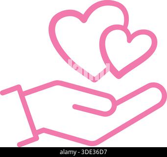 Rosafarbenes Umrisssymbol einer Hand, die Herzen hält Stock Vektor