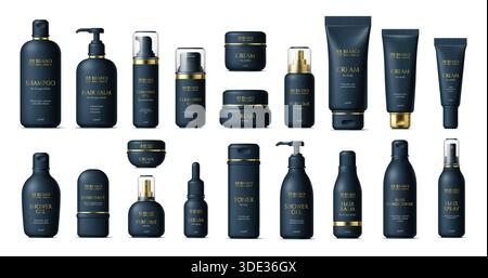3D Kosmetikprodukte schwarze Vektorflaschen und Paket Modell. Haarshampoo und -Balsam, Reinigungsgel, Toner, Deodorant, Serumflasche, Lotion und Gesichtscremeröhrchen, Pumpspender Kosmetikbehälter Stock Vektor