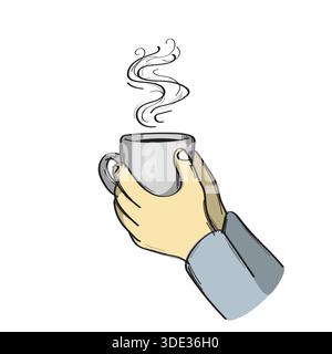 Halten einer Tasse Tee oder Kaffee Illustration Vektorskizze mit schwarzen Linien Stock Vektor