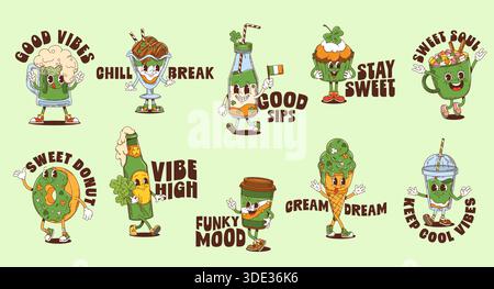 St Patrick Day Y2K groovige Aufkleber mit Charakteren des irischen Feiertags, Comic Vektor. Grooviges grünes Bier mit lustigem Gesicht und irischer Flagge, Donut und Cupcake mit Kleeblatt für Saint Patrick Aufkleber Stock Vektor
