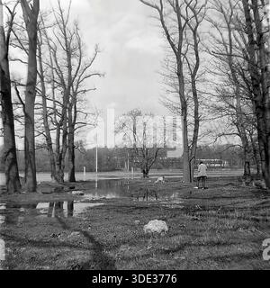 Einfarbiges Archivfoto aus der Sowjetzeit der 1980er Jahre, das eine überflutete Waldlichtung in der Nähe des „Appendizitis“-Rückwassers in Brusino, Region Donezk, Ukraine UdSSR darstellt. Hohe Bäume ragen über nassem Boden mit Pfützen, die den Himmel reflektieren. Ein Mann steht mitten im Boden und beobachtet das hohe Wasser des Seversky Donets River. Die Gebäude der Ferienanlage sind am entfernten Ufer sichtbar, was den Erholungsstatus der Gegend unterstreicht. Diese Szene zeigt die saisonale Frühlingsflut, die die lokale Landschaft im friedlichen Donbass vor dem Krieg beeinflusste. Stockfoto