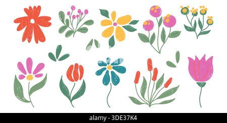 Buntstift-Kritzelblüten isoliert auf weiß gesetzt. Vektor-Illustration der netten Hand gezeichneten Pastellpflanzen, hellen Farbe Blumen Design, botanischer Garten oder Wildblumenfeld Elemente, Grußkarte Dekoration Stock Vektor