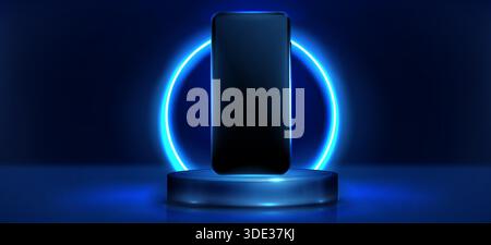 Technikpodium mit Smartphone-Modell und Neonheller Ring auf dunklem Hintergrund. Vektorrealistische Illustration der Technologie-Drehscheibe für Produktpräsentation, leerer Telefonbildschirm für App- oder Website-Design Stock Vektor