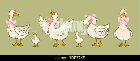 Niedliche cottagecore-Gänsefiguren mit rosa Bögen isoliert auf rosa Hintergrund. Vektor-Karikaturillustration von lustigen weißen Gänsen mit Coquette-Band, Dekoration für Vintage-Osterkarte, Bauernhofvögel Stock Vektor