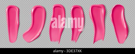 Realistisches rosafarbenes Farbmuster-Set mit Lippenstift. 3D-Vektor-Hochglanzlackschmierstoffe mit glatter Textur und fließender Form. Rosa glänzendes Make-up, nagellack Stock Vektor