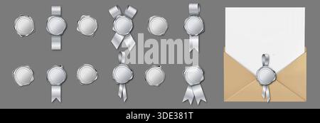 Silberne Wachssiegelkollektion mit realistischen 3D-Stempeln und Bändern. Vintage-Elemente mit königlichem Zertifikat und Umschlagmockup. Hochwertige Embleme mit antiken geprägten Kreisen und eleganten Aufsätzen Stock Vektor