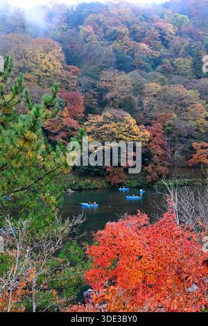 Wunderschöner Blick entlang des Katsura Flusses im berühmten Arashiyama Wald während der Herbstsaison, Kyoto, Japan. Stockfoto