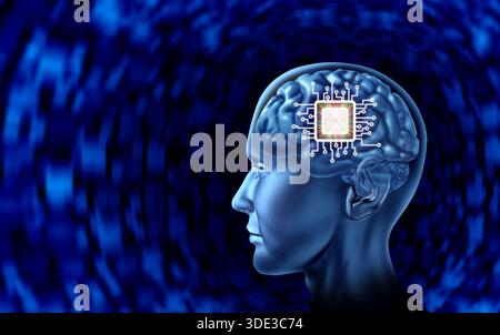 Brain Microchip oder neurales Chip-Implantat als zerebrale Computerschnittstelle und neurologische Mikrochip-Implantate oder technologische Augmentation beim Menschen Stockfoto
