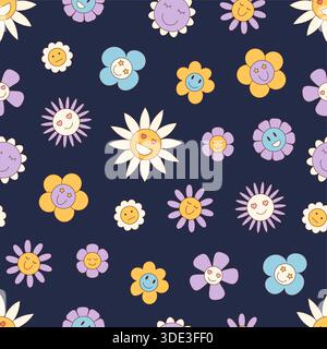 Grooviges, Nahtloses Retro-Cartoon-Blumenmuster Stock Vektor