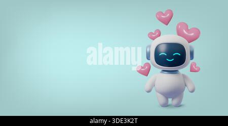 Niedliche 3D-Roboterfigur mit rosa Herz, KI-Chatbot-Maskottchen mit Liebesausdruck, technische Illustration zum Valentinstag, entzückendes digitales Bot-Design Stock Vektor