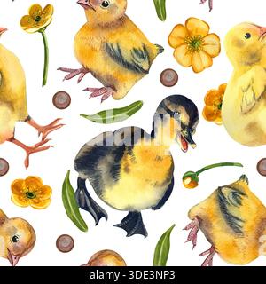 Nahtloses Aquarellmuster mit Enten, Hühnern, gelben Blumen. Kleines Entlein und Hühnchenbabys nahtloses Muster für Ostern Stockfoto