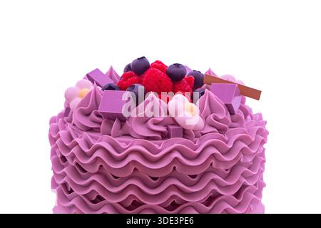 Ein dekorierter Kuchen mit violettem, welligen Zuckerguss ist mit frischen Beeren und dekorativen Stücken belegt Stockfoto