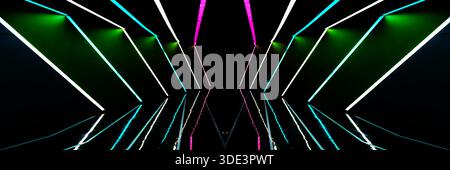 Eine moderne, abstrakte Lichtinstallation, neonfarbene Lichtstreifen sind diagonal vor dunklem Hintergrund angeordnet. Die Lichter reflektieren lebhaft auf einem gl Stockfoto