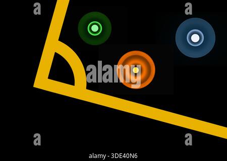 Neonlichtkunst mit mehreren leuchtenden, konzentrischen Kreisformen und einem langen linearen Element auf schwarzem Hintergrund Stockfoto