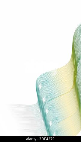 Fließende, mehrschichtige Linien bilden eine elegante abstrakte Welle, die weiche grüne, türkisfarbene und gelbe Verläufe auf einem sauberen weißen Hintergrund verbindet und Bewegung, Harmonie und moderne minimalistische Design-Ästhetik-Kunst vermittelt. Stockfoto