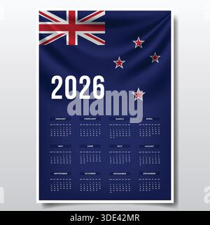 2026 druckbares Kalenderdesign mit dem Thema „Flagge NEUSEELANDS“, Vorlage für den jährlichen Planer des Patriotischen NEUSEELANDS Stock Vektor