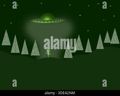 Grüne Alien landen vom Raumschiff aus auf der Erde Stockfoto