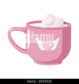 Rosafarbene Tasse gefüllt mit einem warmen weißen Getränk und garniert mit Marshmallows mit geflügeltem Herz. Gemütliches, skurriles Kunstwerk, perfekt für Valentinstag Stockfoto