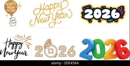 Eine lebendige Sammlung verschiedener feierlicher Grafiken und künstlerischer Typografie, die das kommende Jahr 2026 für Neujahrsveranstaltungen zeigt. Stock Vektor