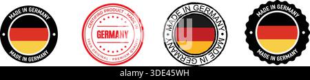 Kollektion von prominenten „Made in Germany“-Emblemen und -Siegeln mit den ikonischen Schwarz-, Rot- und Goldfarben der deutschen Flagge zur Qualitätssicherung Stock Vektor