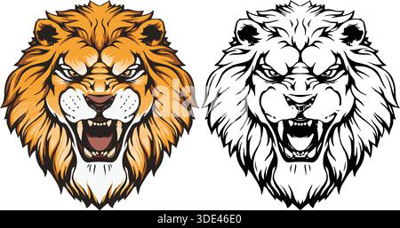 Ferocious roaring lion head illustration showcasing aggressive stylized mane, available in both full color and bold black and white outline vector art Stock Vektor