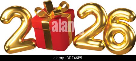 Glänzende goldene Ballonnummern, die das Jahr 2026 repräsentieren, flankieren eine festliche rote Geschenkbox, die mit einer luxuriösen goldenen Schleife gebunden ist. Stock Vektor