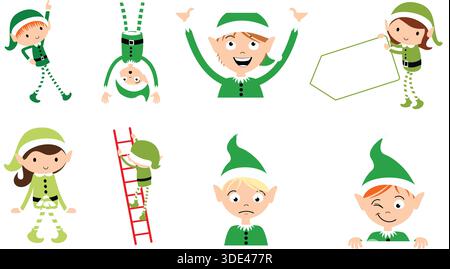 Acht fröhliche Weihnachtselfen in verschiedenen verspielten Posen auf schwarzem Hintergrund Stock Vektor