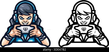 Das Maskottchen mit blauem Kopfhörer und einem Handheld mit auffälligem Diamant-Logo trägt ein intensives weibliches Gamer-Charaktermaskottchen Stock Vektor