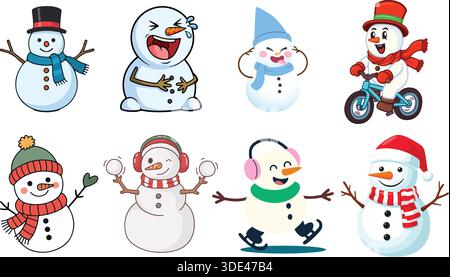 Acht fröhliche Schneemänner in verschiedenen Winterpositionen und Accessoires auf Schwarz Stock Vektor