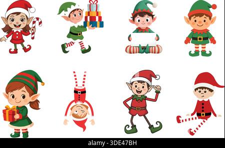 Verspielte Weihnachtselfen in verschiedenen Posen auf schwarzem Hintergrund Stock Vektor