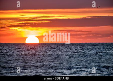 Wellen schlagen sanft gegen das Ufer, während die Sonne am Horizont in Peñiscola untergeht. Der Himmel zeigt leuchtende Farben, wenn der Tag in die Nacht verwandelt wird. Stockfoto