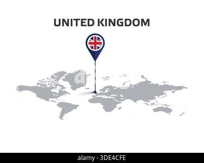 GROSSBRITANNIEN Standort PIN auf Weltkarte mit Flagge im Körper des Pins Stock Vektor