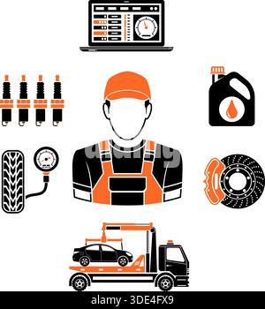 Horizontales Banner für Autoservice mit zweifarbigen flachen Symbolen für Werbung und Servicestationen wie Mechaniker, Abschleppwagen, Öl, Diagnose. Typografie Conce Stock Vektor