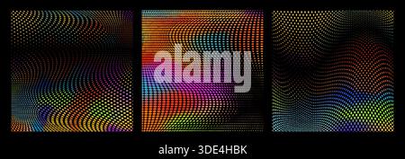 Moderne, dezente Pop-Art-Set-Textur in Halbtonfarben. Vektorwellen mit Punkten auf schwarzem Hintergrund. Handgezeichnet. Keine KI, minimalistischer Hintergrund Stock Vektor