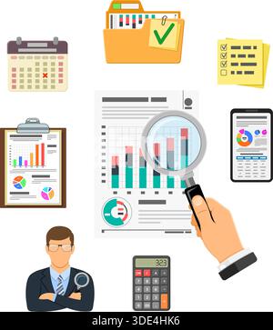 Wirtschaftsprüfung, Steuerberatung, Business Accounting Infografiken. Prüfer hält Lupe in die Hand und prüft die finanzielle Bericht mit Diagrammen, Rechner und Smartp Stock Vektor