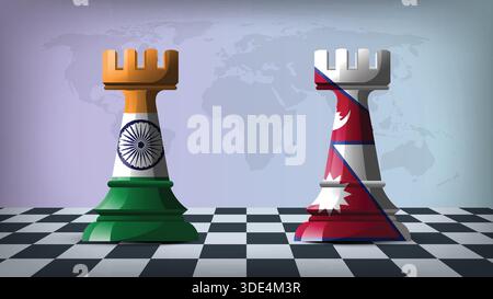 Zwei Standing Rooks, die Indien gegen Nepal repräsentieren, mit Flaggen auf Körpern und Weltkarte im Hintergrund Stock Vektor