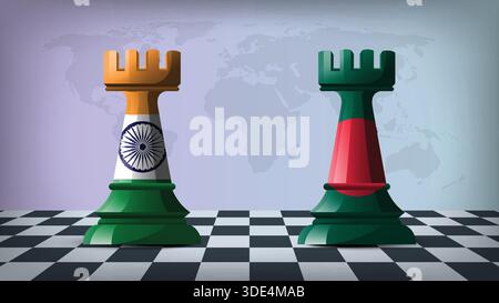 Zwei Standing Rooks, die Indien gegen Bangladesch repräsentieren, mit Flaggen auf Körpern und Weltkarte im Hintergrund Stock Vektor