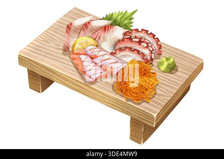 Hochwertige realistische handgezeichnete Aquarellillustration von Sashimi auf hölzernem Geta mit Tintenfisch oder Tako, Lachs toro und Hamachi serviert mit Zitrone Stockfoto