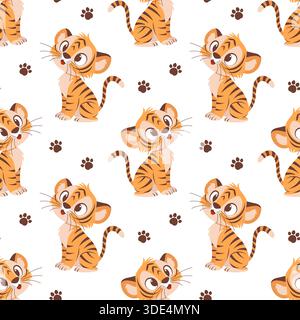 Ein nahtloses Vektormuster mit Tigerjungen und Pfotendrucken auf weißem Hintergrund. Stock Vektor