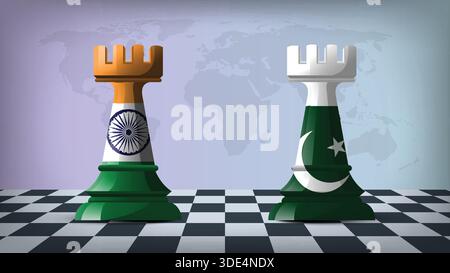 Zwei Standing Rooks, die Indien gegen Pakistan repräsentieren, mit Flaggen auf Körpern und Weltkarte im Hintergrund Stock Vektor