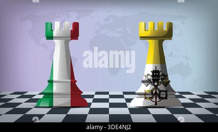 Zwei Standing Rooks, die Italien gegen Vatikanstadt repräsentieren, mit Flaggen auf Körpern und Weltkarte im Hintergrund Stock Vektor