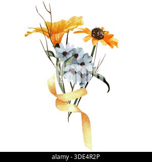 Ein Aquarellstrauß aus blauen und gelben Wildblumen, gebunden mit einem gelben Band und dekorativen Zweigen. Eine botanische Illustration der Wildblumen in del Stockfoto