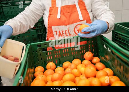 Bremerhaven, Deutschland. Januar 2026. Ein Helfer mit einer Schürze mit dem Tafel-Logo sortiert Obst in der Tafel Bremerhaven, bevor er es an die Kunden verteilt. Mit einem neuen Förderverein hat die Bremerhavener Lebensmittelbank ihren Betrieb nach mehrwöchiger Schließung wieder aufgenommen. Rund 1.500 armutsgefährdete Menschen im Bremerhavener Raum können wieder Nahrung von der Tafel beziehen. Quelle: Focke Strangmann/dpa/Alamy Live News Stockfoto