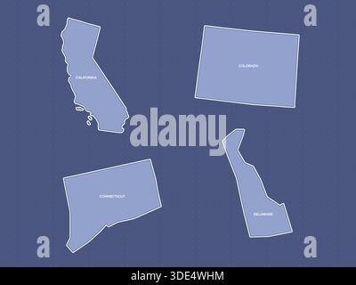 Kartenset von Kalifornien, Colorado, Connecticut und Delaware Stock Vektor